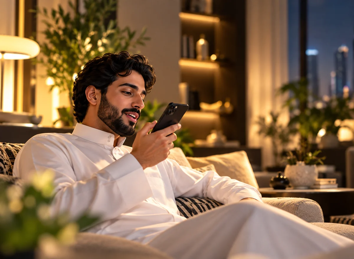 شاب في مجلس منزله يتكلم مع DIAL من جواله